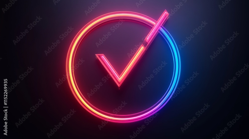 Neon Sign Check Mark Icon Glowing in Vibrant Colors on Dark Background with Copy Space,