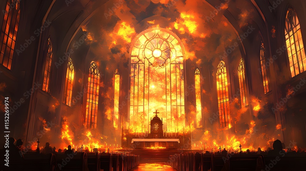 Fototapeta premium Dramatic interior of a church engulfed in flames, showcasing an intense atmosphere.