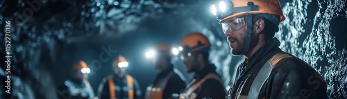 A group of miners in protective gear and hard hats, equipped with headlamps, working together in a well-lit mine. The image captures teamwork and safety in the mining industry. photo