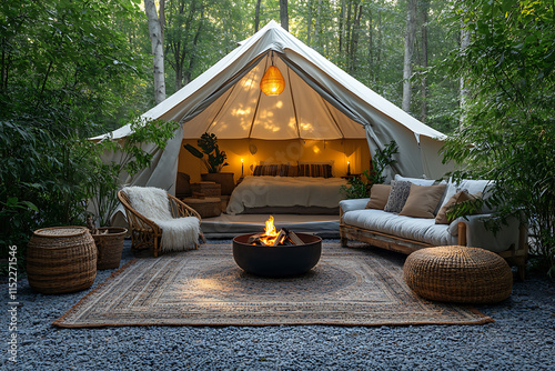 A modern glamping setup featuring a luxurious tent with stylish furniture, soft lighting, and a cozy fire pit under the stars