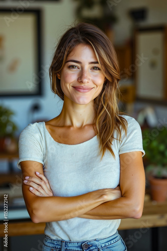 Free Download A woman standing with her arms crossed in a kitchen - GFXLoad