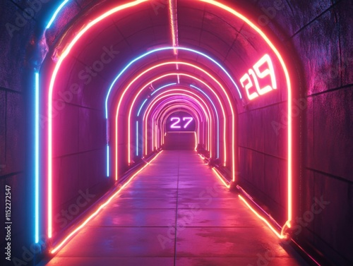 a tunnel with glowing neon lights and a sign