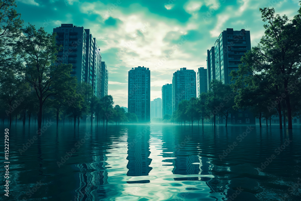 Obraz premium A city in the middle of a flooded area with tall buildings in the background