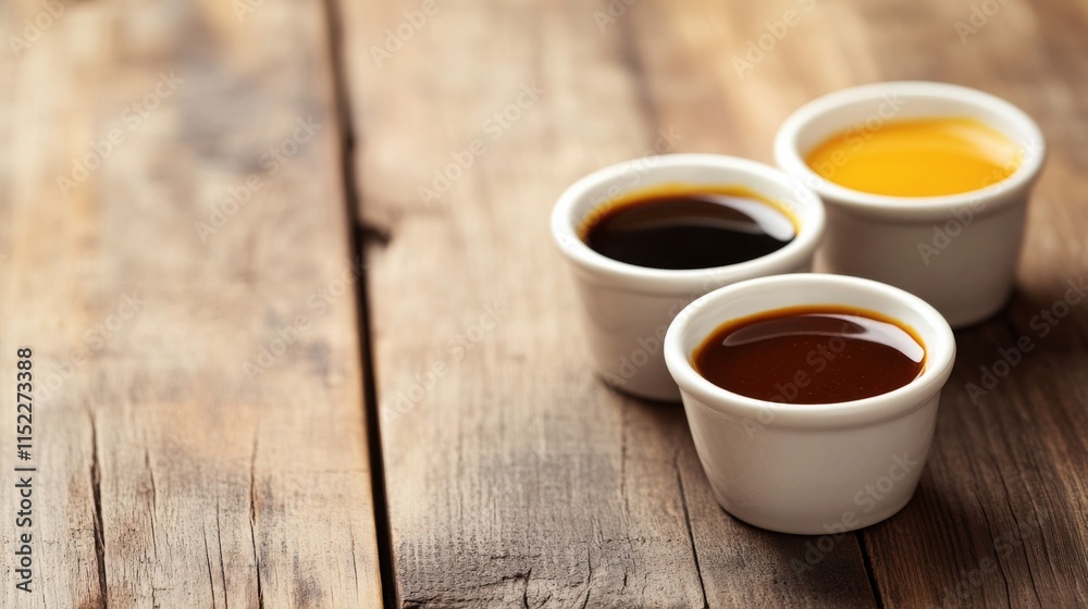Small Containers of Sauces on Wooden Table