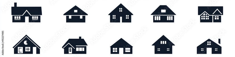Flat vector logo of simple house icons, black on a white background, with multiple variations and different styles. The vector art style was created using Adobe Illustrator, featuring a 2D flat icon d Flat vector logo of simple house icons, black on a white background, with multiple variations and different styles. The vector art style was created using Adobe Illustrator, featuring a 2D flat icon d