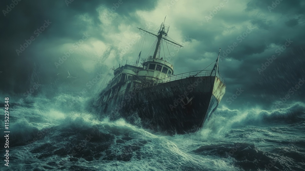 Old Ship Battling a Furious Ocean Storm