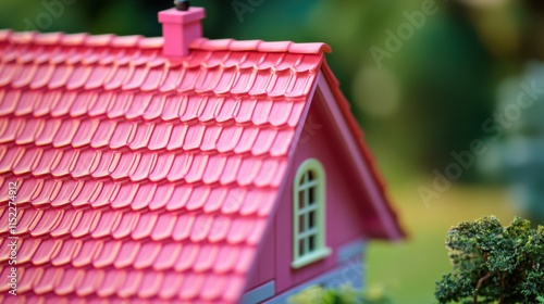 Fluorescent pink rhombus tiles create a vibrant roof for a stylish dollhouse photo