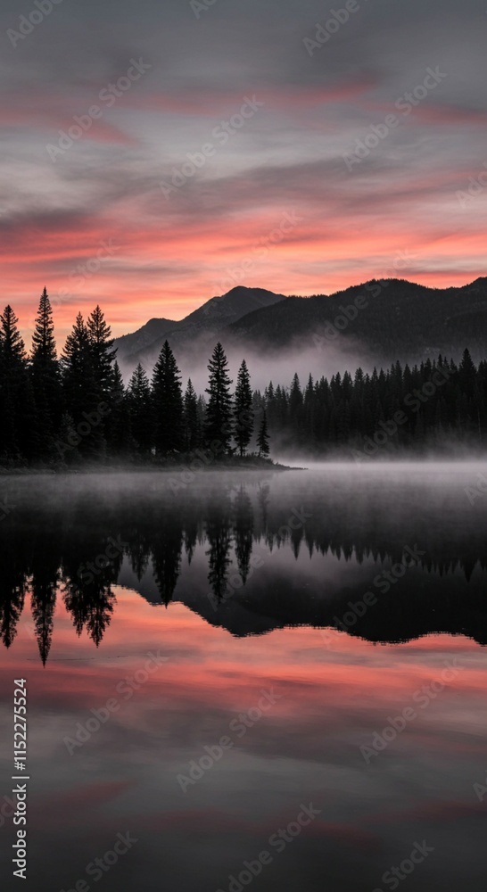 Fototapeta premium Wall art of Misty Mountain Sunrise with Pine Forests and Lake Reflections