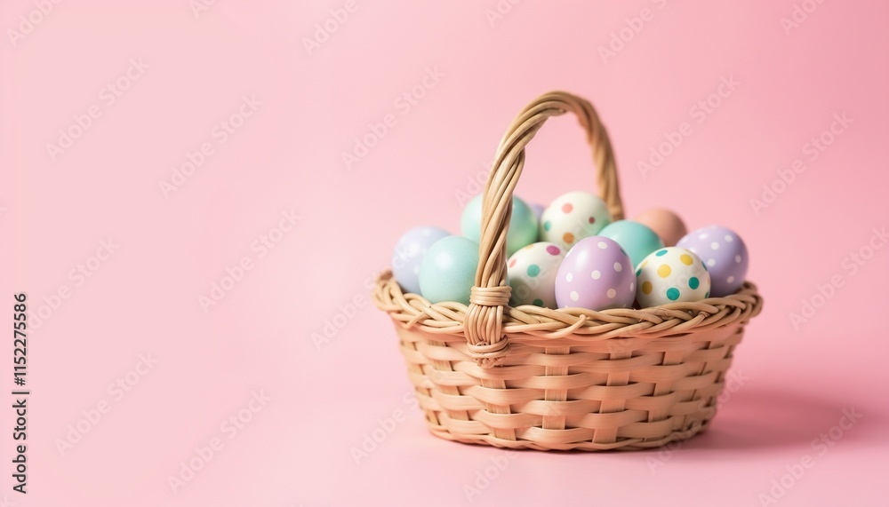 A wicker basket filled with polka-dotted Easter eggs in various pastel colors. Captured against a pink background, symbolizing traditional holiday celebration and decorative. Perfect representation of A wicker basket filled with polka-dotted Easter eggs in various pastel colors. Captured against a pink background, symbolizing traditional holiday celebration and decorative. Perfect representation of