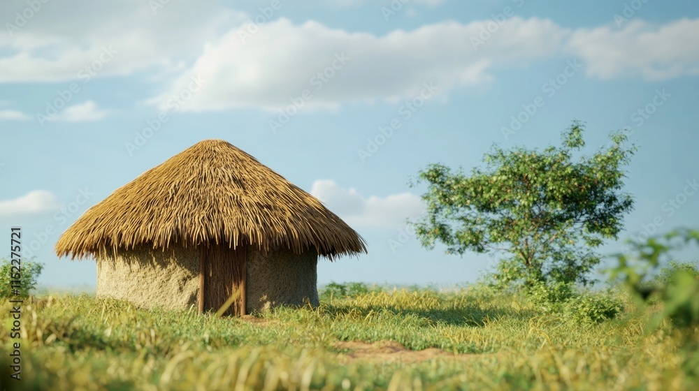 Thatched-roof hut in grassy field under a partly cloudy sky. Thatched-roof hut in grassy field under a partly cloudy sky.