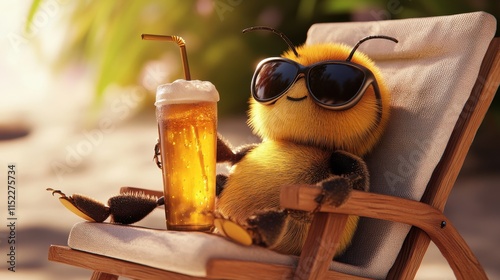 Funny bee enjoys honey soda on lounge chair in sunny garden setting