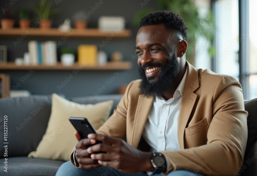 A smiling man with a beard sits on a couch looking at his phone. A smiling man with a beard sits on a couch looking at his phone.