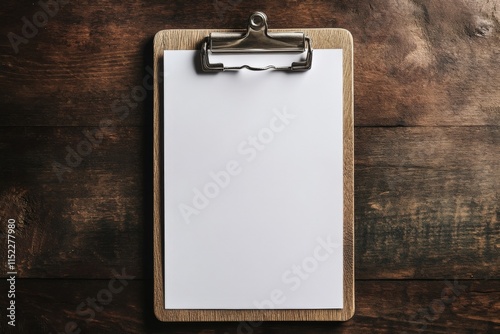 Blank paper on a clipboard sitting on a wood table