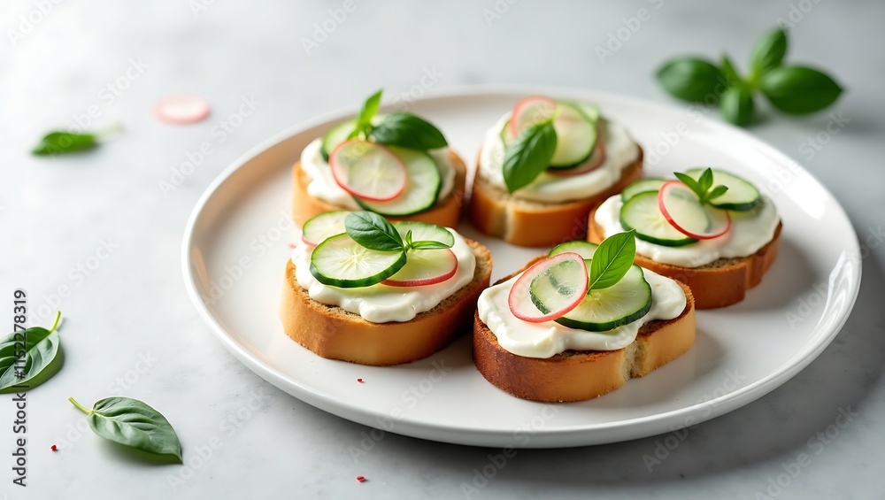 Elegant Healthy Snack: Creamy Cheese Toasts with Cucumber, Radish & Basil Elegant Healthy Snack: Creamy Cheese Toasts with Cucumber, Radish & Basil
