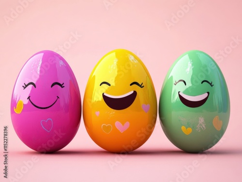 Three colorful easter eggs with smiling faces against a pink background
