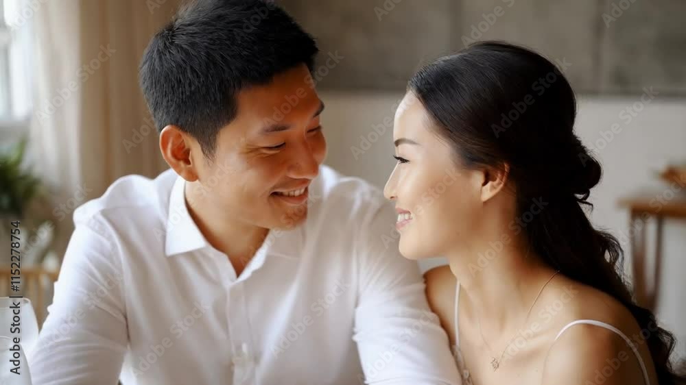 Sweet moment of an Asian couple enjoying quality time, sharing smiles and warm touches in a relaxed setting. Sweet moment of an Asian couple enjoying quality time, sharing smiles and warm touches in a relaxed setting.
