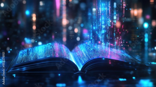 Glowing open book with digital data streams emerging from its pages, set against a blurred city backdrop.