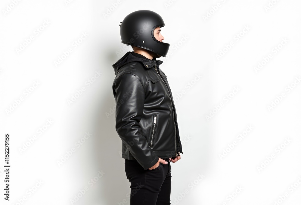 Man wearing a black leather jacket and a black motorcycle helmet. Man wearing a black leather jacket and a black motorcycle helmet.
