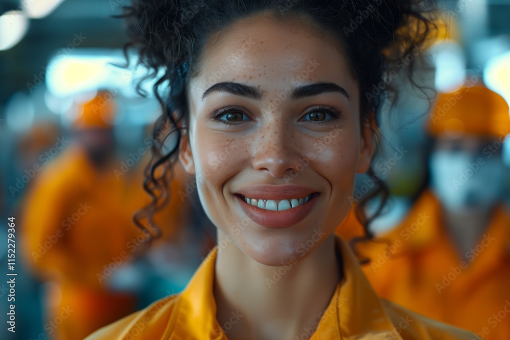 Fototapeta premium A cheerful woman in a work uniform smiles confidently in a vibrant industrial setting.