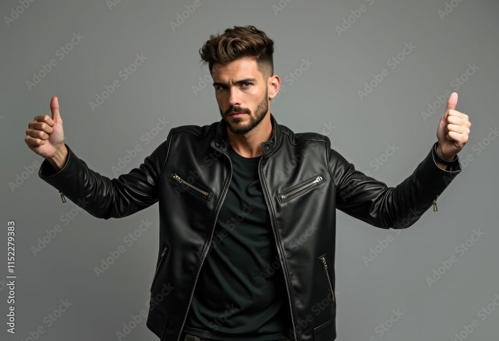 A man in a black leather jacket gives a thumbs up with both hands. A man in a black leather jacket gives a thumbs up with both hands.