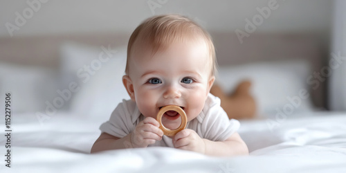 An adorable baby lying on a bed with a ring-shaped teether happily in his mouth photo