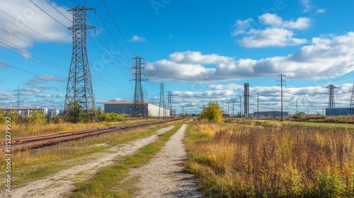 A scenic view of a railway path surrounded by power lines and industrial structures.