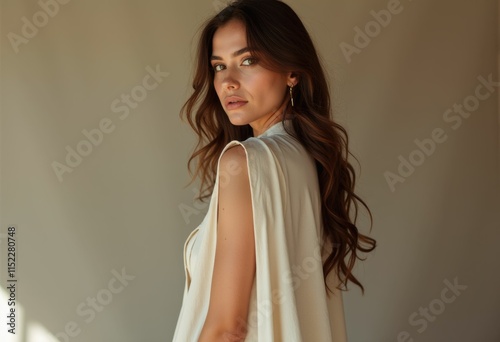 A woman with long brown hair is wearing a white sleeveless dress and looking over her shoulder.