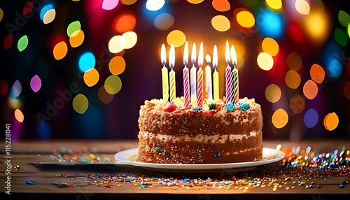 Birthday cake with one candle on a festive bokeh background with copy space for a text photo