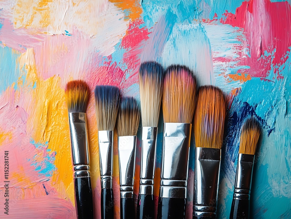 Obraz premium Bright splashes of color surround paintbrushes, transforming a blank canvas into an expressive abstract 