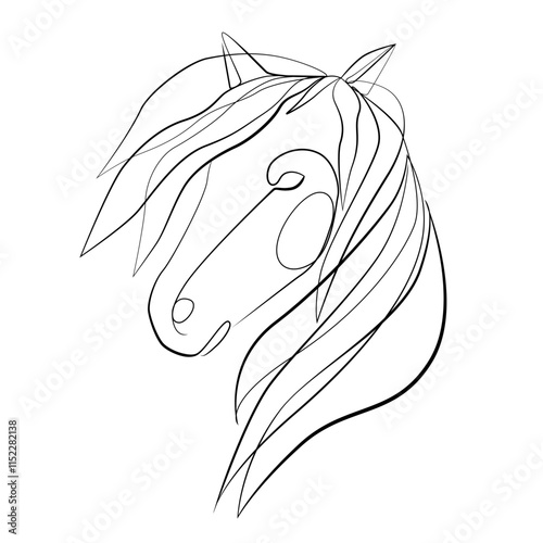 Horse head with a thick flowing mane one line drawing on white isolated background