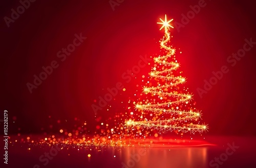 Christmas tree forming from swirling light particles on a red background