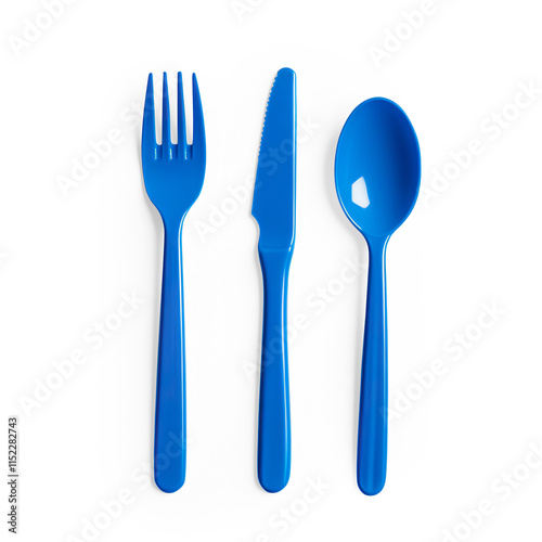 Blue Plastic Cutlery Set on a Transparent Background