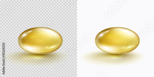 Vitamin E, D or omega 3 fish oil capsule isolated on transparent background. Golden 3d antibiotic gel pill. Vector gold realistic serum oval sphere of collagen essence