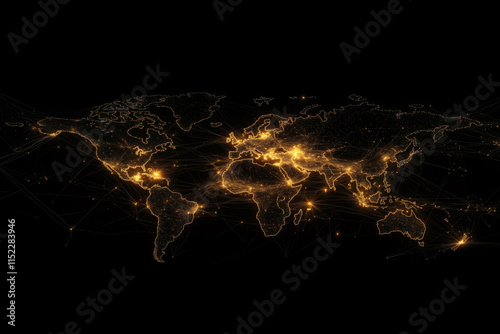 Fototapeta Naklejka Na Ścianę i Meble -  A map of the world is shown in gold on a black background