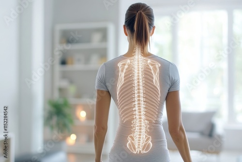Woman with Scoliosis in Casual Clothes Standing with Slight Back Arch and Transparent Skeleton Overlay in Bright Lighting with Neutral Background