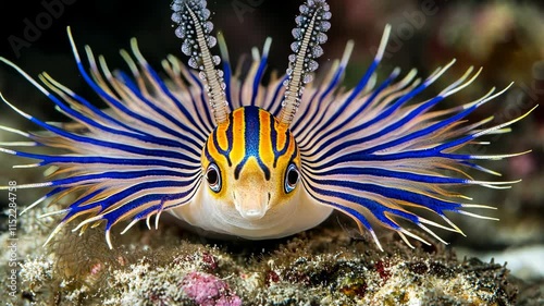 Colorful nudibranch with vivid blue and orange patterns in a coral reef environment during daylight photo