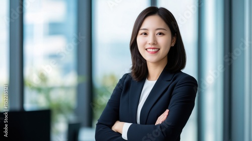 Professional Businesswoman Smiling Confidently in Modern Office Environment with Glass Windows