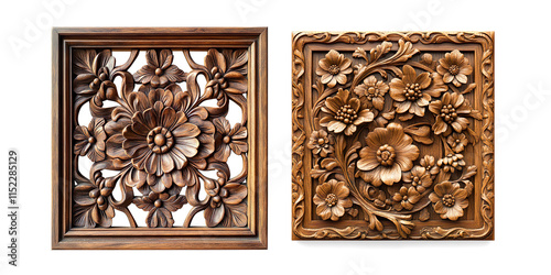 Intricate Floral Wood Carving in Square Frame on a Transparent Background photo