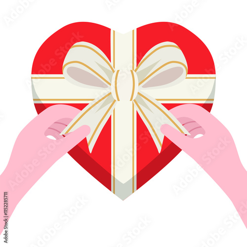 Unpacking red heart shaped gift box with white ribbon bow. Hands unpacking box. Social media, poster. Gift giving. Flat vector illustration isolated on white background.