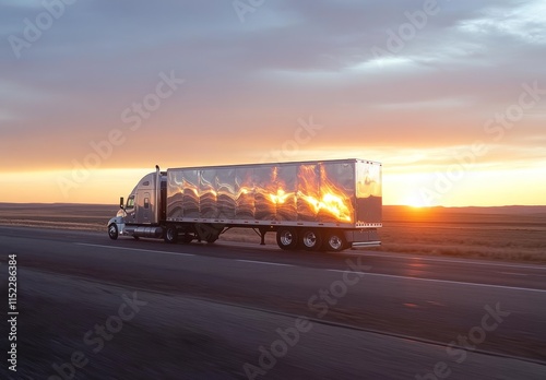 Photo of a truck on the highway at sunset, side view. The silver cargo trailer is in motion and reflects light from behind. In front of it, you can see an open road with grass on both sides. The sun s photo