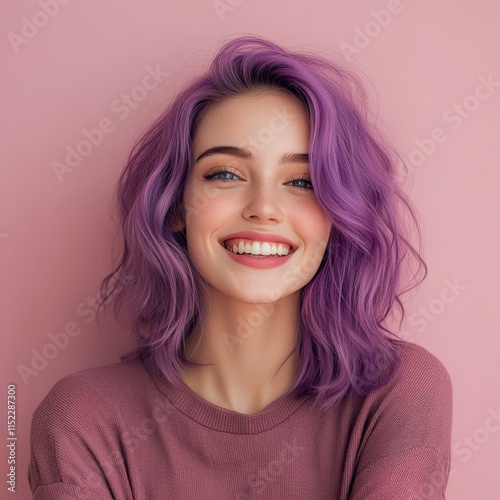 a woman with purple hair smiling against a pink background