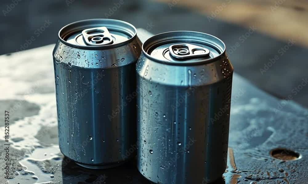Two Cold Aluminum Cans on a Wet Surface: Refreshing Beverage Concept Photography Two Cold Aluminum Cans on a Wet Surface: Refreshing Beverage Concept Photography