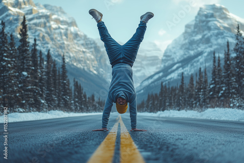 Handstand amidst the breathtaking landscapes of Banff National Park