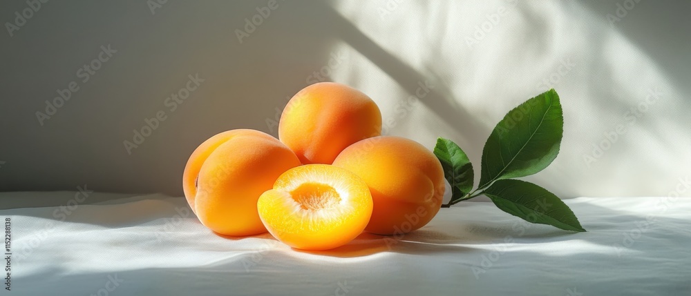 fresh apricots on a white cloth with leaves fresh apricots on a white cloth with leaves