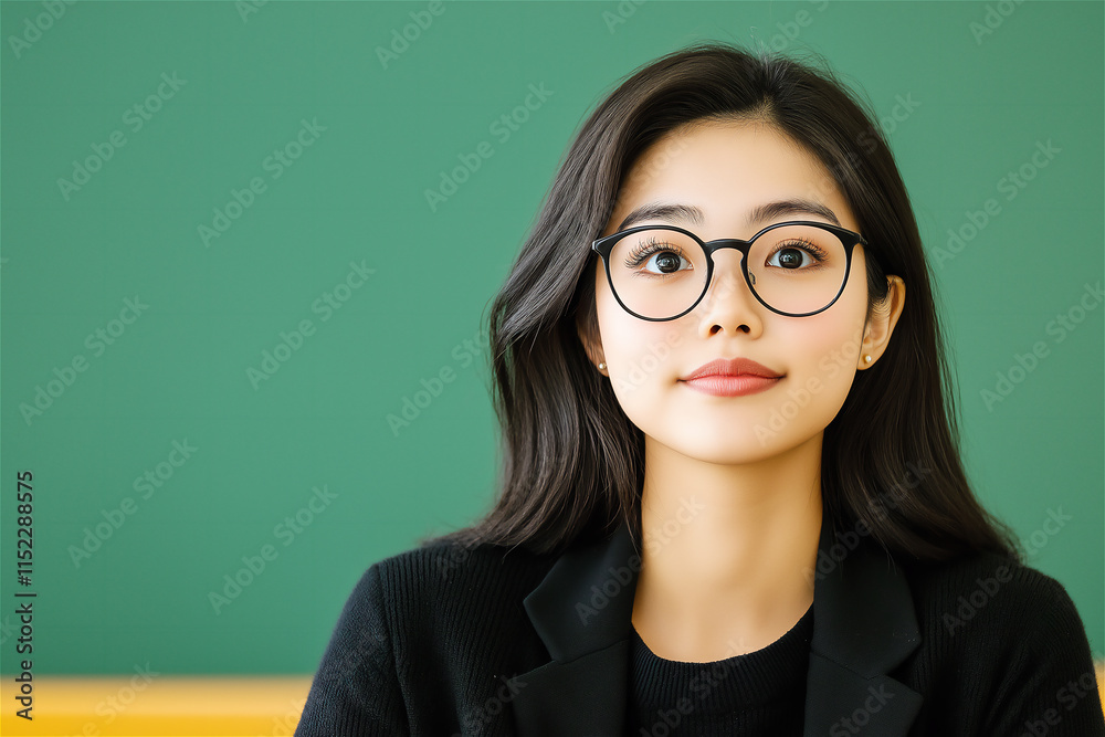 Portrait of a young professional woman wearing glasses, with a confident expression in front of a green chalkboard. A symbol of knowledge, education, and empowerment. Portrait of a young professional woman wearing glasses, with a confident expression in front of a green chalkboard. A symbol of knowledge, education, and empowerment.