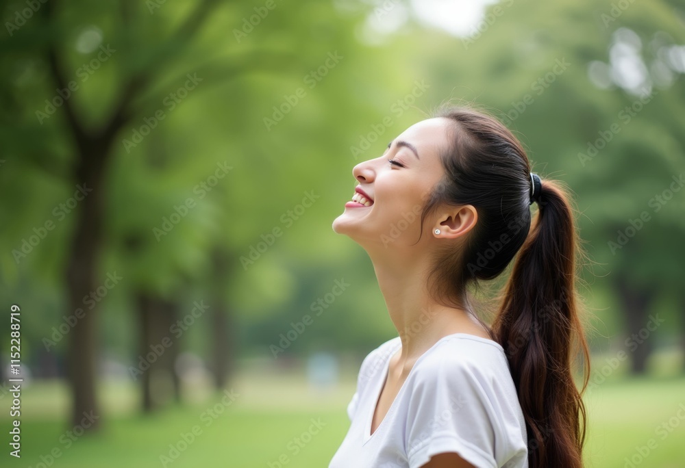 A young woman with her eyes closed smiling and laughing outdoors. A young woman with her eyes closed smiling and laughing outdoors.