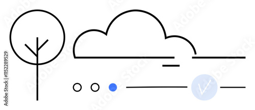 Tree next to a cloud, geometric lines and circles, including a blue dot. Ideal for nature concepts, minimalist design themes, tech interfaces, modern art, environmental topics, educational materials