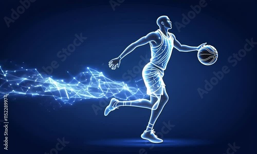 Energetic blue basketball player outlined in lights dribbles.
