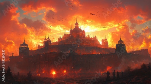 Massive blazing fortress with fiery spires and towering walls engulfed in flames, set against an apocalyptic orange sky, surrounded by dark figures and desolate lands.