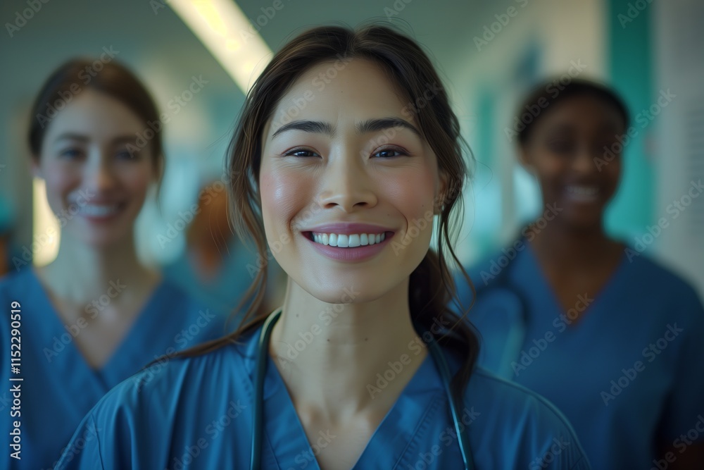 A joyful medical professional smiling confidently, reflecting teamwork and dedication in a healthcare environment. A joyful medical professional smiling confidently, reflecting teamwork and dedication in a healthcare environment.